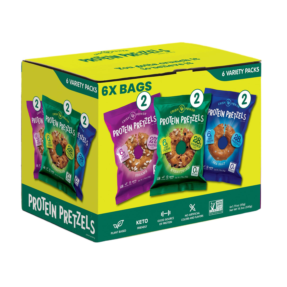 Crisp Power Protein Pretzels, Variety Pack With Sea Salt, Sesame, & Everything, Vegan Keto Snack, Plant Based Protein, Low Carb Crunchy Pretzel Snacks, Sugar Free, No Seed Oils, 1.75 Oz Bags, 6 Pack
