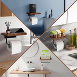 TOKCKYBL Toilet Paper Holder with Walnut Wood Shelf - Wall Mount & Self-Adhesive Bathroom Tissue Holder, Black Stainless Steel with Walnut Shelf for Phone - Home Apartment Restroom Decor Essentials
