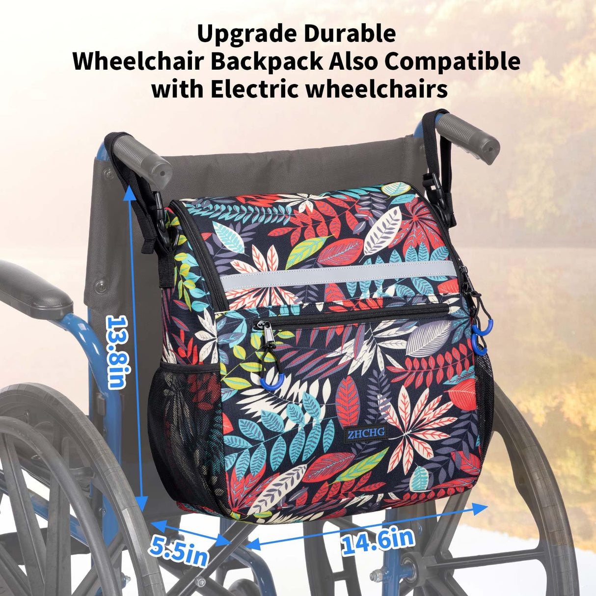 ZHCHG Wheelchair Bags, Wheelchair Backpack with Cup Holder, Wheelchair Bags to Hang on Back, Electric Wheel Chair Accessories, Large Storage Bag for Walker Rollator