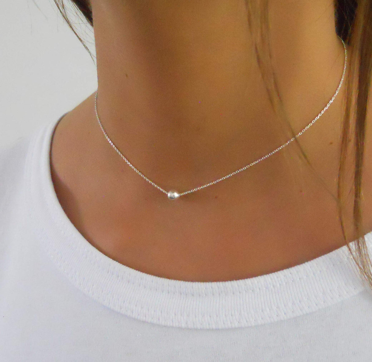 Anika Bella Ball Choker Necklace, Dainty Bead Pendant, Waterproof Minimalist Jewelry for Women (Silver)