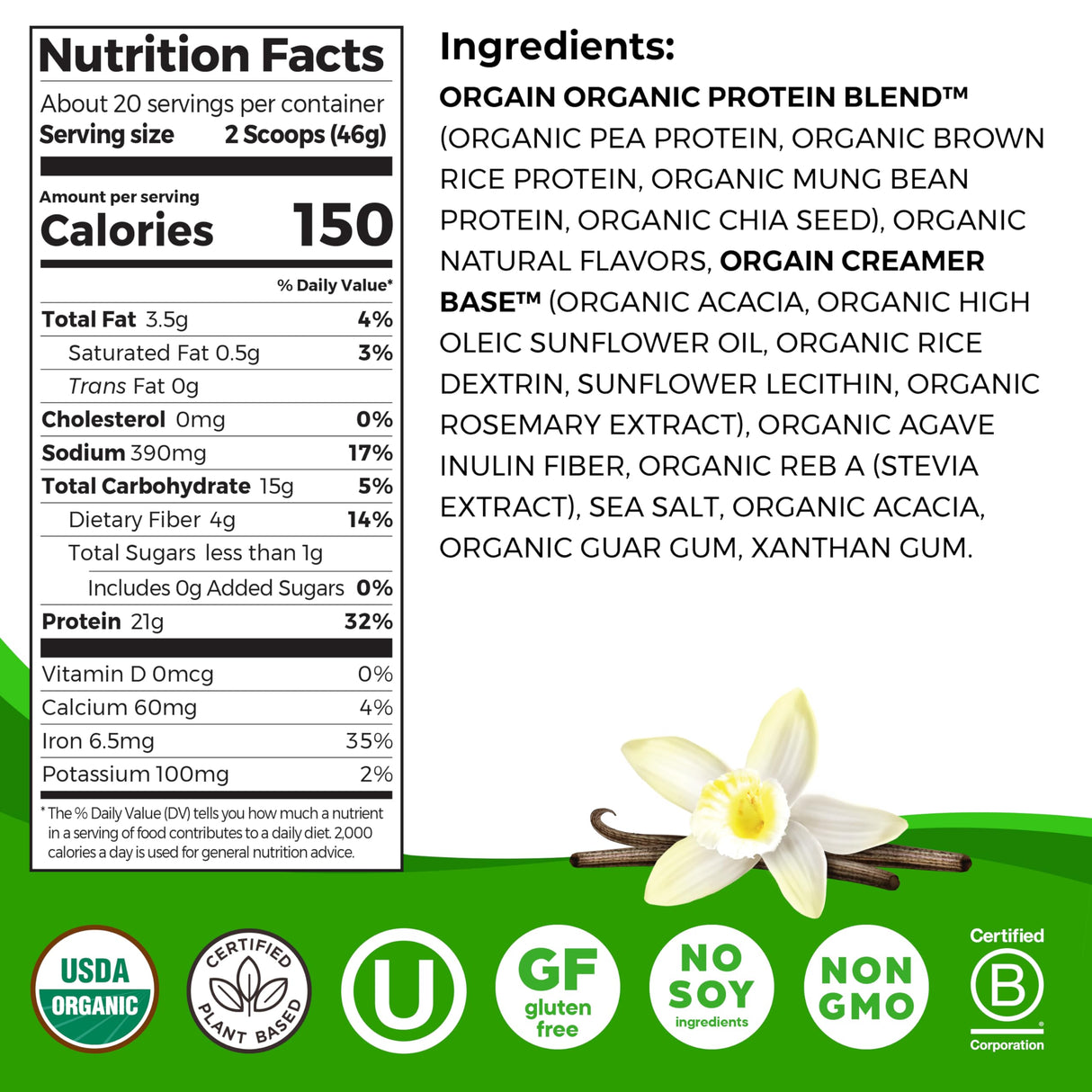 Orgain Organic Vegan Protein Powder, Vanilla Bean - 21g Plant Protein, 4g Prebiotic Fiber, No Lactose Ingredients, No Added Sugar, Non-GMO, For Shakes & Smoothies, 2.03 lb (Packaging May Vary)