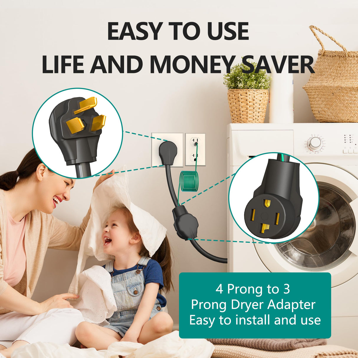 Strightinc 4 Prong to 3 Prong Dryer Plug Adapter with Green Ground Wire, Connects 4-Prong New Dryer Female to 3 Prong Old Dryer Male Receptacle, 10-30P to 14-30R Dryer Adapter
