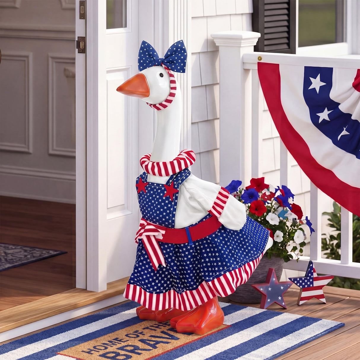 Woaoce 4th of July Porch Goose Outfits with Stars & Stripes, Patriotic Red White Blue Costume for 23 Inch Porch Statue, USA 250th Anniversary Outdoor Lawn Garden Decor
