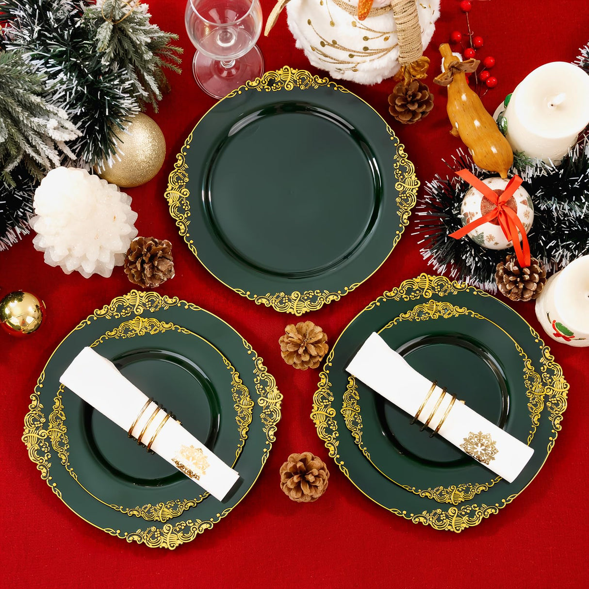 Joyido 102PCS Green and Gold Plates - Green Plastic Plate - Fancy Heavy Duty Disposable Plates - Heavyweight Disposable Dinner & Dessert Plate for 51 Guests for Party & Christmas