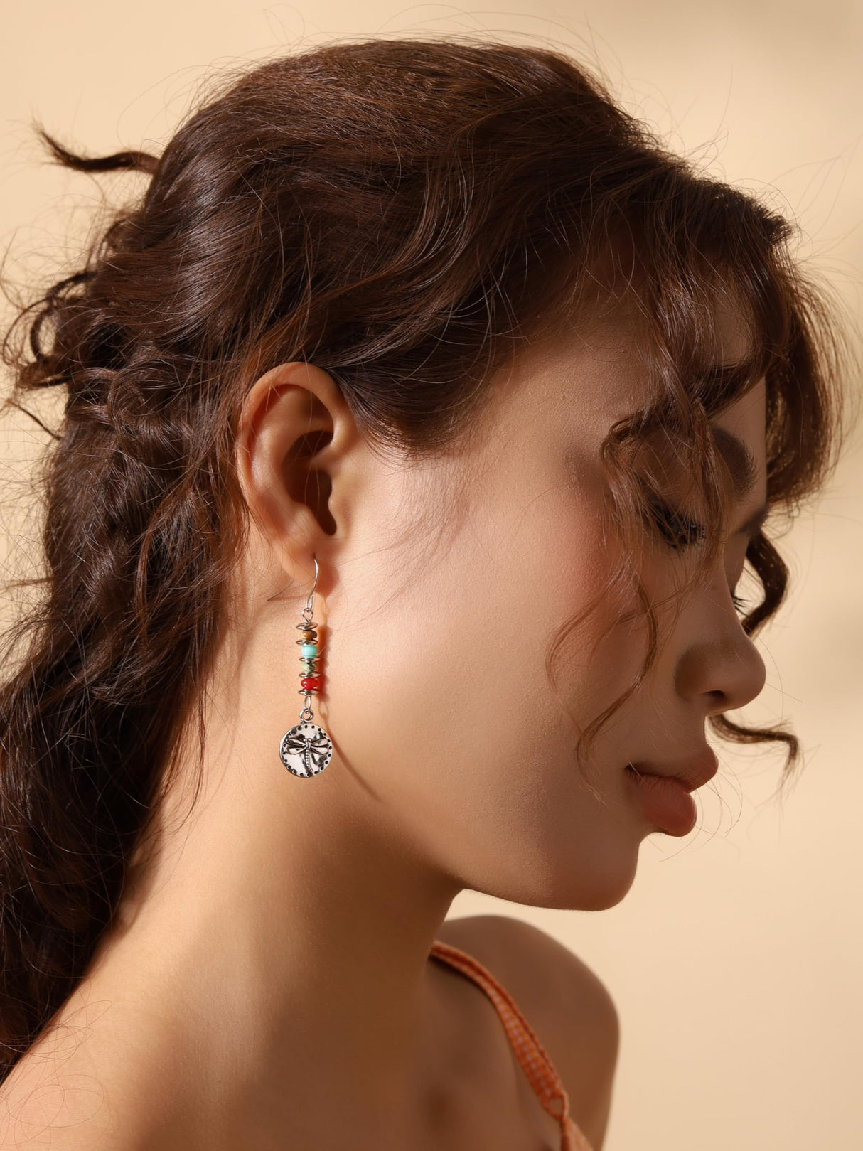 MINACHI Boho Dragonfly Silver-Tone with Stone Bead Accent Dangle Earrings