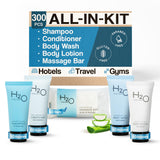 H2O Therapy Hotel Soaps & Toiletries Bulk Set | 1-Shoppe Amenities Kit | 0.85oz Shampoo & Conditioner, Body Wash, Lotion, 1oz Bar Soap | Travel Size | 300 Pieces