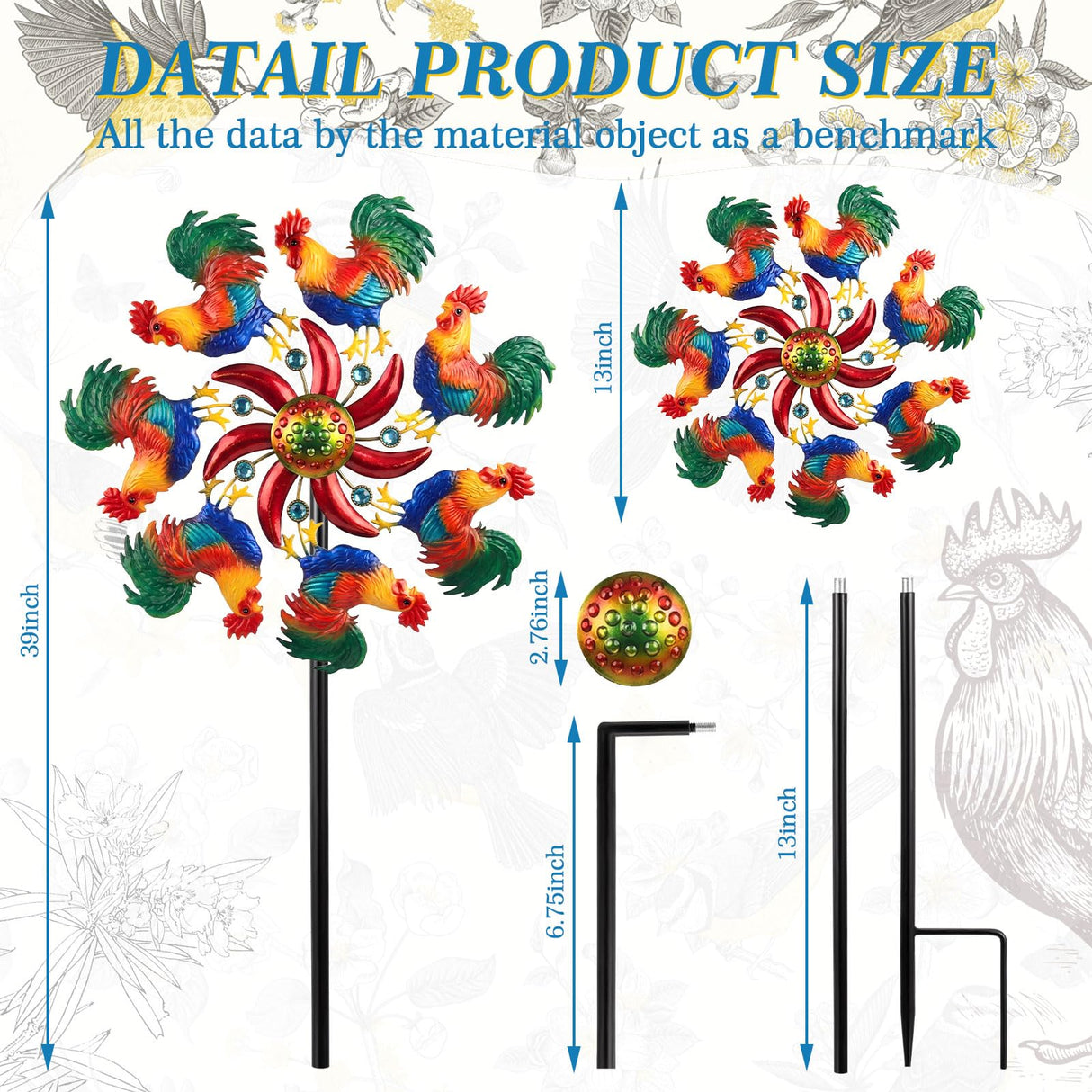 Novabright 39" H Rooster Wind Spinner Garden Chicken Stake Metal Yard Stake Spinner Outdoor Decor for Wind Sculpture Yard Decor 4th of July Patriotic Summer Patio Swimming Lawn Garden