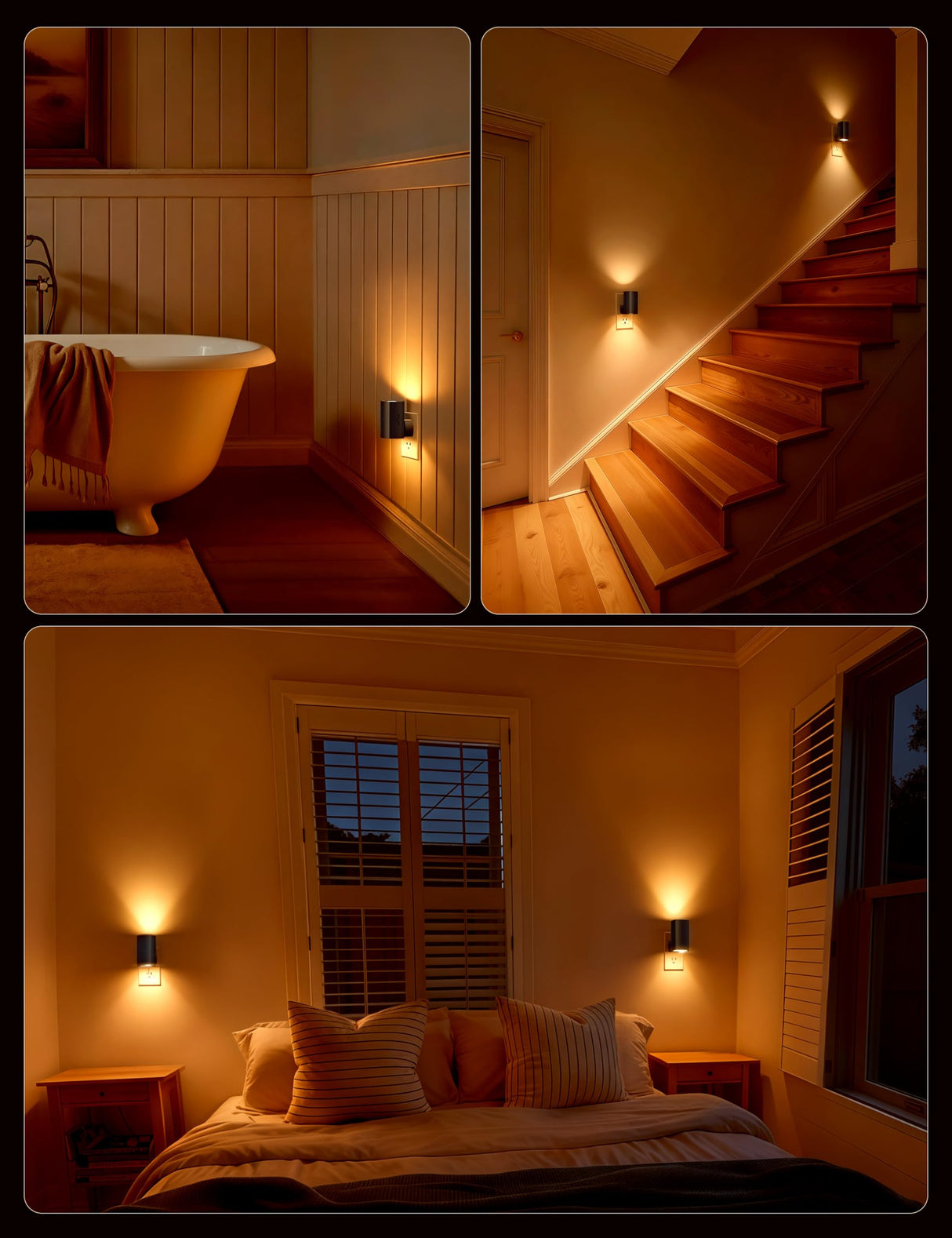 Brightown 2 Pack Black White Night Lights Plug into Wall, Modern Night Light with Rotating Plug, Dusk to Dawn Sensor, 0-100LM Stepless Dimming Aora Night Light for Hallway Bedroom Bathroom,Amber