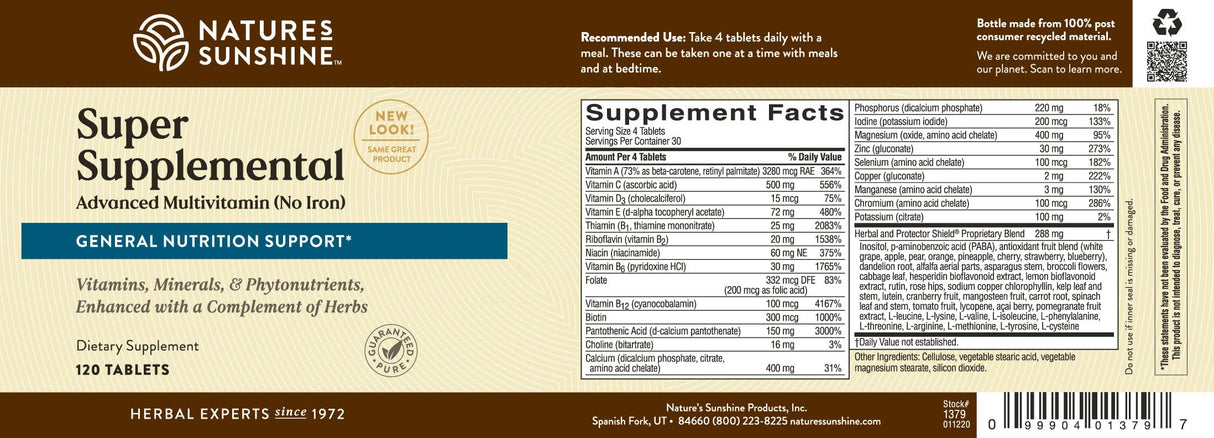 Nature's Sunshine Super Supplemental w/o Iron: Complete Multivitamin with Minerals, Antioxidants & More for Nutritional Gaps, Overall Health, Immune & Energy Support. 120 Tabs