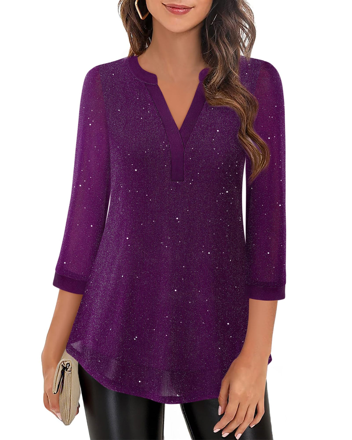 Timeson Fall Tops for Women 2025: 3/4 Sleeve Sparkly - Christmas Outfits for Women - Business Casual Tops Holiday Dressy Cocktail Party Classy Blouses Fancy Tunics Flowy Loose Fitted Clothes Purple M