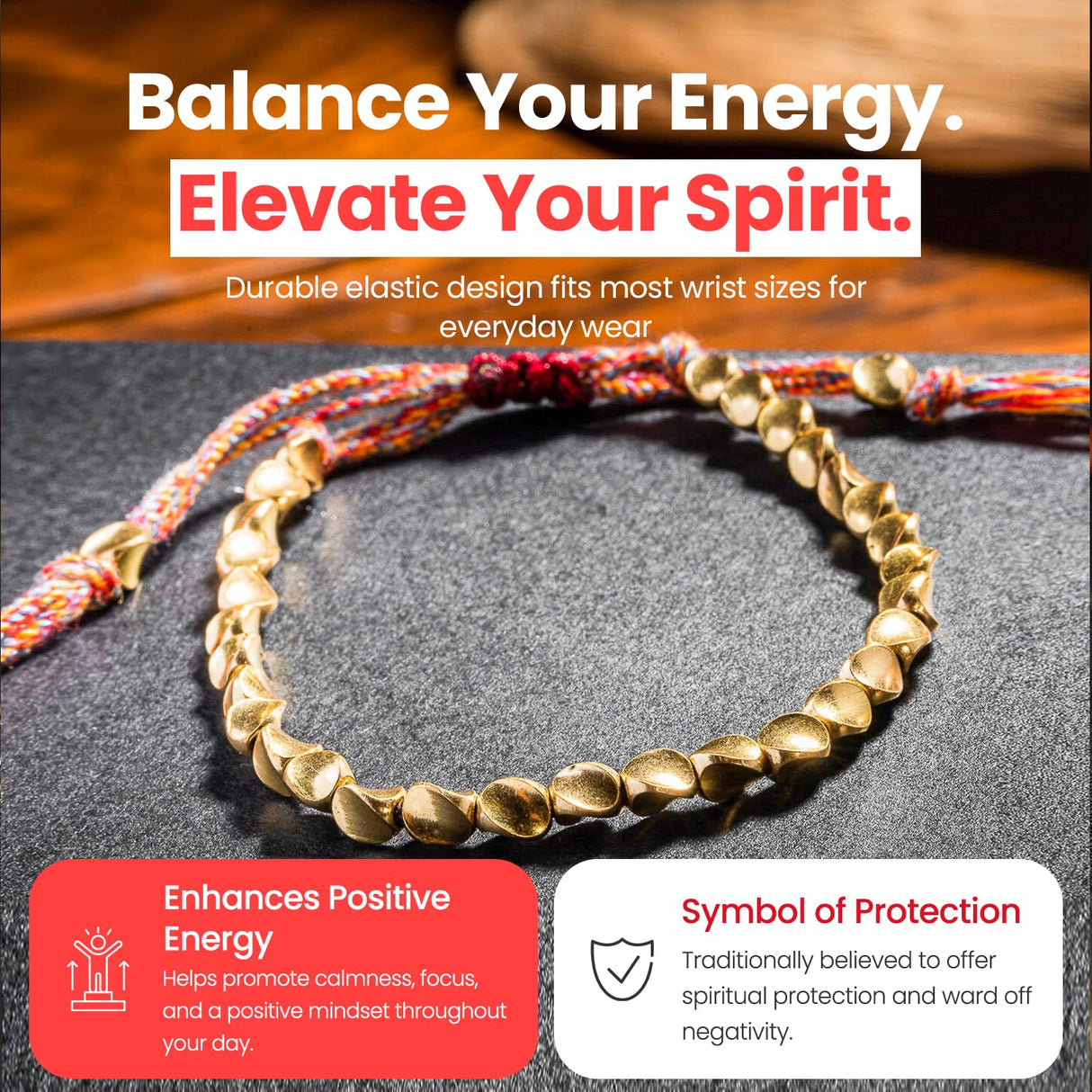 Buddha & Karma Tibetan Copper Beads Bracelet – Handmade Energy Healing for Strength, Balance & Protection – Adjustable Spiritual for Men & Women (GOLD)