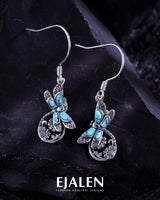 S925 Sterling Silver Turquoise Dragonfly Sunflower /Hummingbird/Butterfly/Cross/Anchor Earring Vintage Bohemian Jewelry Natural Drop/Stud Earrings Birthday Jewelry Gifts for Women (Dragonfly Dangle Earrings)