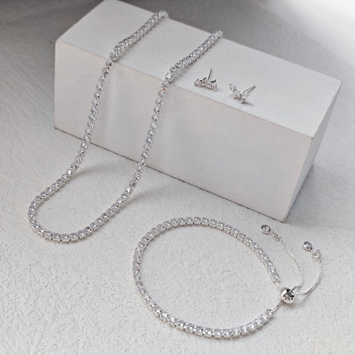 LULII Tennis Necklace Set for Women Dainty Sterling Silver Necklace and Earring Sets Diamond Stud Earrings Tennis Bracelets Wedding Jewelry for Bride Silver Jewelry Sets for Women Gift