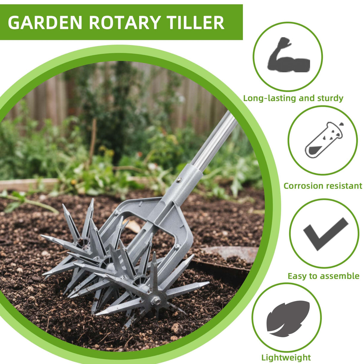 KLDOLLAR Rotary Cultivator, Hand Tiller Garden Tool with Sturdy Metal Tines