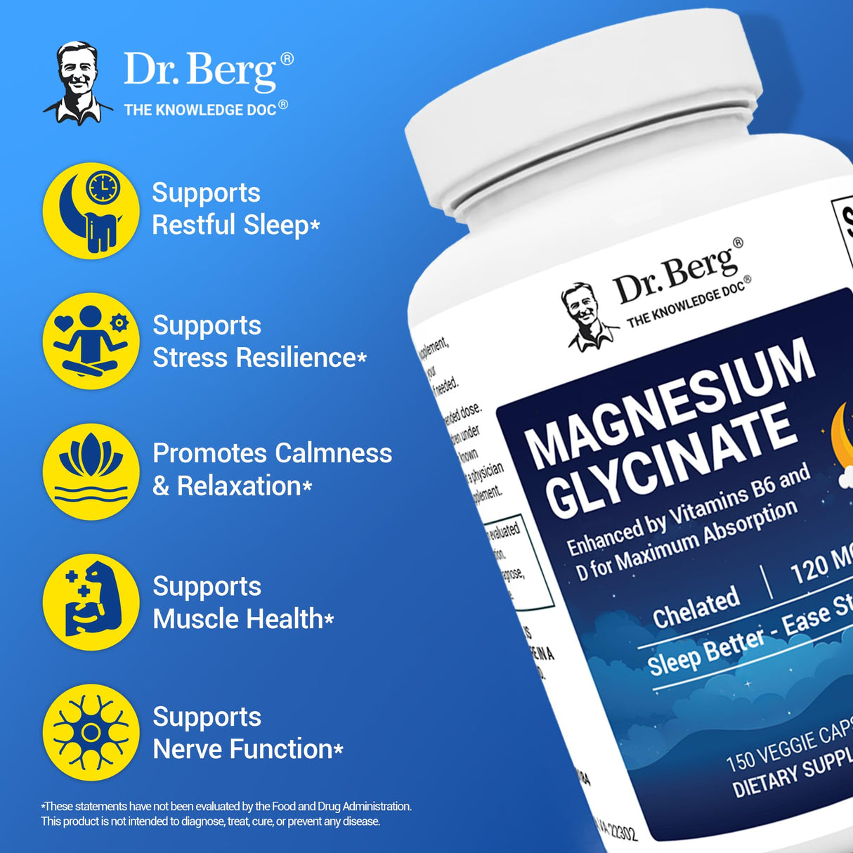 Dr. Berg Maximum Strength 4-in-1 Chelated Magnesium Glycinate with Clean, Potent & Pure Ingredients | 4X Lab-Tested & Verified | USA Formulated Magnesium Supplement Capsules | 150 Capsules