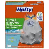 Hefty Ultra Strong 13 Gallon Trash Bags, Tall Kitchen Trash Bags Made with Recovered Materials, Including Coastal Plastic, Drawstring, Resists Leaks and Punctures, Gray, Seaside Breeze Scent, 80 Bags