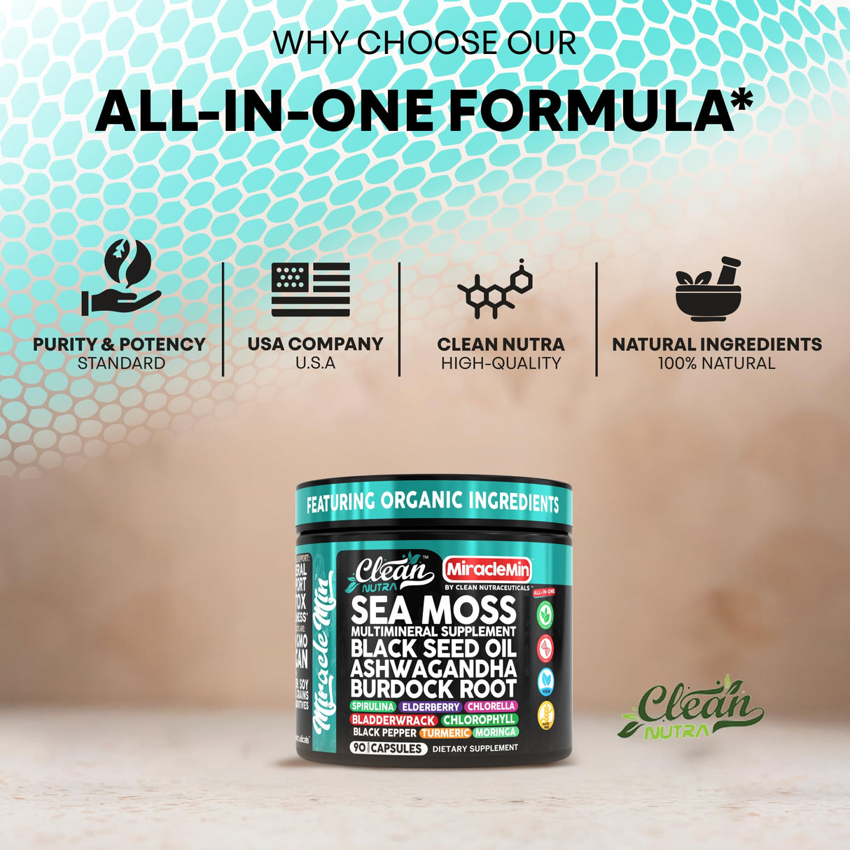 Clean Nutra Sea Moss Capsules with Ashwagandha, Black Seed Oil, Burdock Root, Bladderwrack, Moringa, Chlorella, Spirulina, Turmeric, Elderberry, Amla – 90 Vegan Capsules – MiracleMin