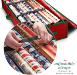 Premium Wrapping Paper Organizer Storage | Gift Wrap Holder With Extra Pockets for Christmas Decorations, Reinforced Handles, Heavy Duty, Ultra-Durable, Tear-Proof Fabric - Fits Up to 27 Rolls (Red)