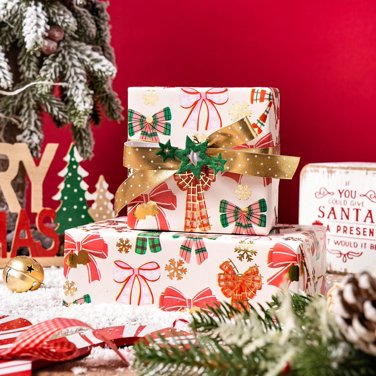 WRAPAHOLIC 30 Inch Jumbo Bow Christmas Wrapping Paper - 30 Inch x 33 Feet - Gold Foil Snoflakes and Plaid Bow Wrapping Paper for Girl Boy Kids, Christmas, Holiday