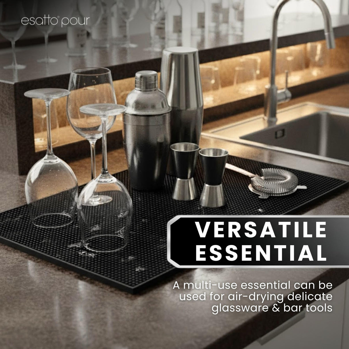 Professional Service Mat 18” x 12” - Bar Mats for Countertop, Non-Slip Rubber Bar Mat - Easy to Clean, Quick Dry Spill-Free, Odor-Free - Heavy Duty PVC Rubberized Mat for Home Bartending - 2 Pack