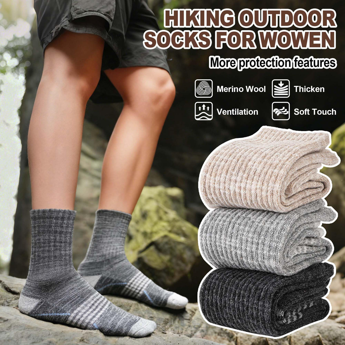 Sandsuced Merino Wool Hiking Socks Thermal Warm Winter Cozy Outdoor Crew Socks 5 Pairs Gift Stocking Stuffers for Women Men(Black/Khaki/Gray,M)
