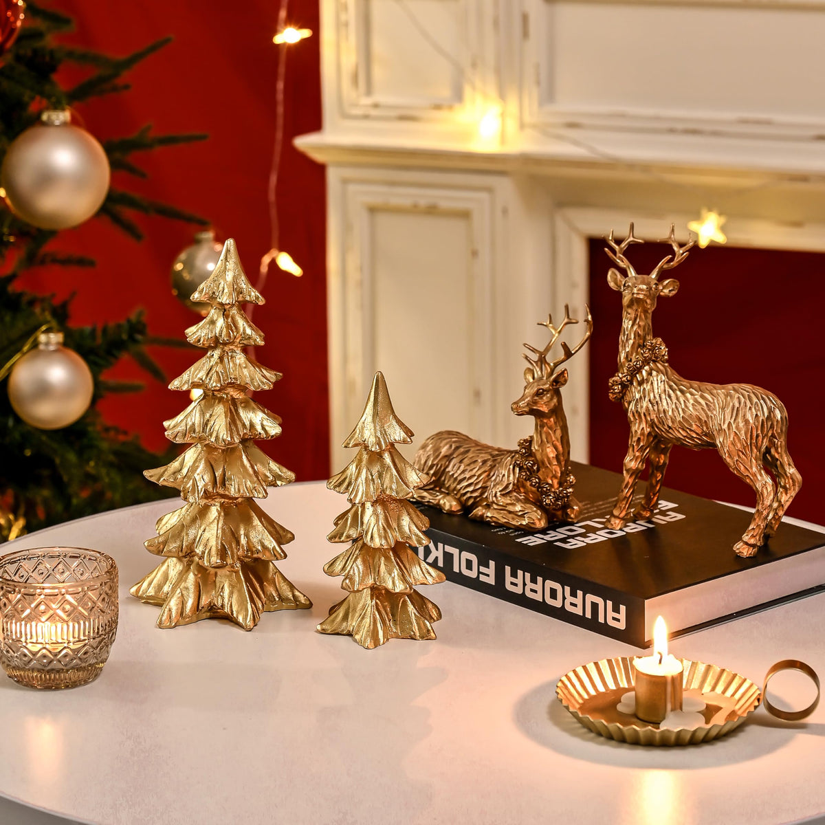 FESTGLOX Gold Christmas Tree Figurines,Small Resin Christmas Tabletop Trees