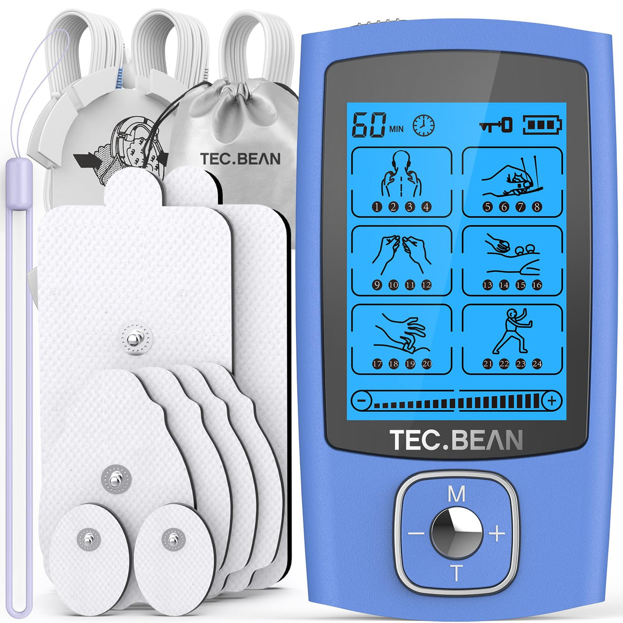 TEC.BEAN 24 Modes Tens Unit Muscle Stimulator, Rechargeable Tens Machine with 8 Electrode Pads (American Gel), Electric Pulse Massager for Pain Relief Therapy（Blue）