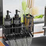 MASADI Kitchen Dish Soap Dispenser Set with Sponge Holder, 12OZ Glass Bottle, Hand and Dish Soap Dispenser Set, Non-Slip Silicone Pad, Brush Holder, Kitchen Sink Organizer Countertop (Black)