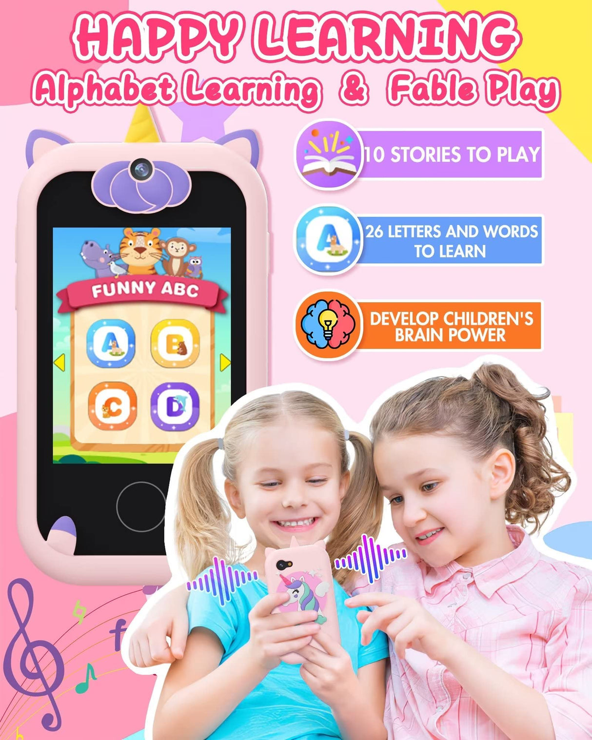 Kids Smart Phone for Girls Unicorns Gifts for Girls Toys 8-10 Years Old Phone Touchscreen Learning Toy Christmas Birthday Gifts for 3 4 5 6 7 8 9 Year Old with 8G Memory Card