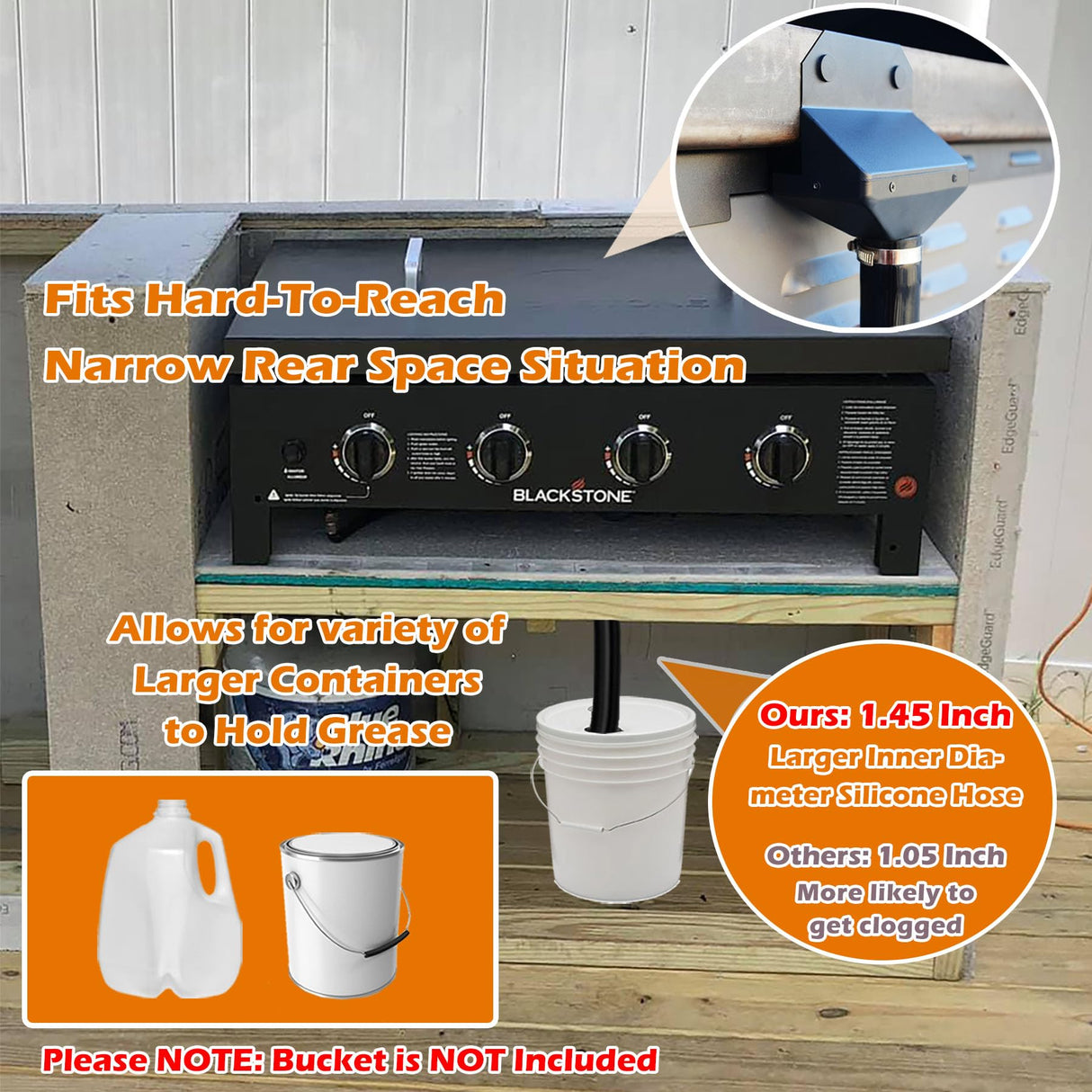 Upgraded Rear Grease Drainage Funnel for Blackstone Grease Catcher, Enclosed Grease Trap with Removable Magnetic Grease Gate & Larger Diameter Silicone Hose, Blackstone Griddle Accessories