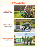 VEVOR 500 LBS Steel Garden Cart with Work Seat, Heavy Duty Garden Wagon Cart on Wheels, Outdoor Metal Utility Yard Wagon Gardening Stool with 10inch Flat Free Tires & Adjustable Handle, Green