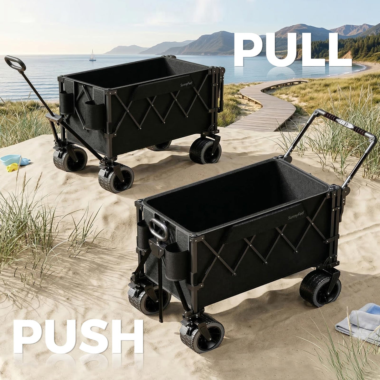 SUNNYFEEL 550LBS Push Pull Foldable Wagon with Tailgate & Big Wheels