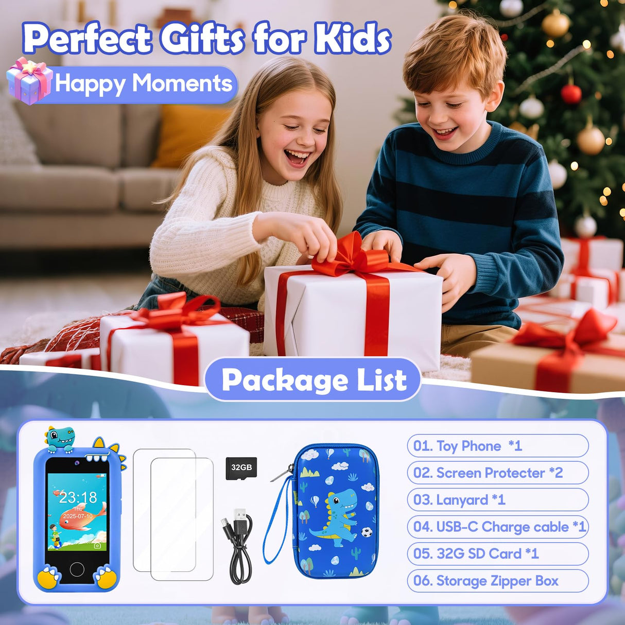 Jusvenmt Kids Phone for Boys, Dinosaur Toy Phone Christmas Birthday Gifts for Boy Ages 3-10, Toddler Learning Phones with Touchscreen, 44 Game, Dual Camera, Music Player, 32GB Card & Dino Bag (Blue)