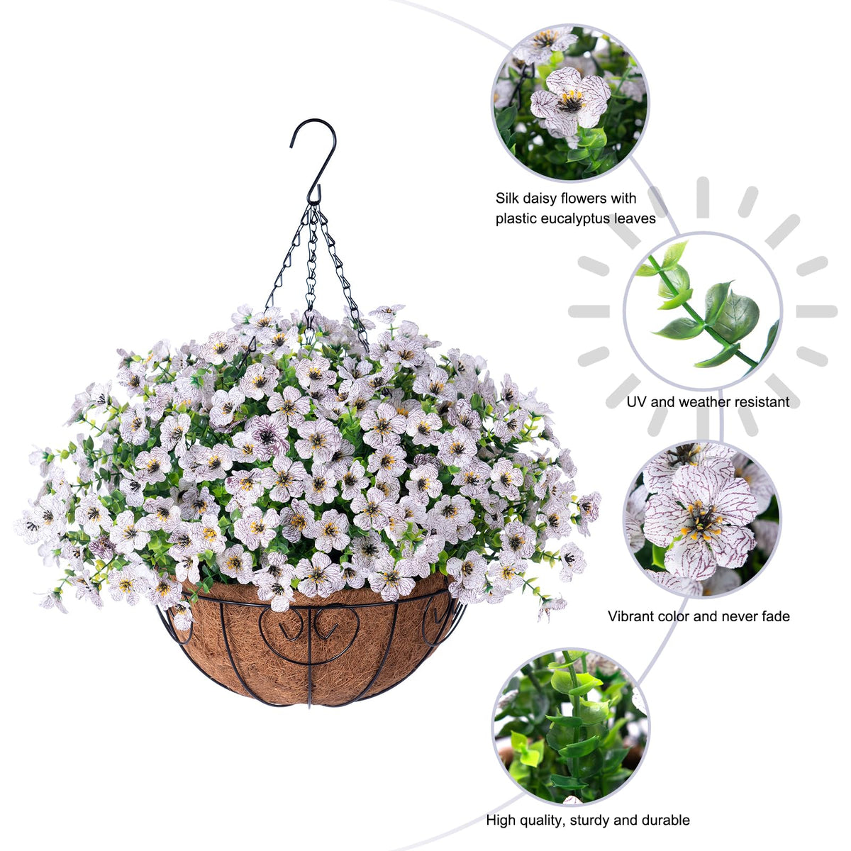 HyeFlora Artificial Fake Hanging White Plants Flowers Basket for Outdo ...