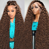 Aonou 200% Density Chocolate Brown Deep Wave Lace Front Wigs Human Hair 13x6 Deep Curly Human Hair Wigs for Women HD Transparent Lace Frontal Wet and Wavy Wigs Pre Plucked 100% Virgin Hair 28inch