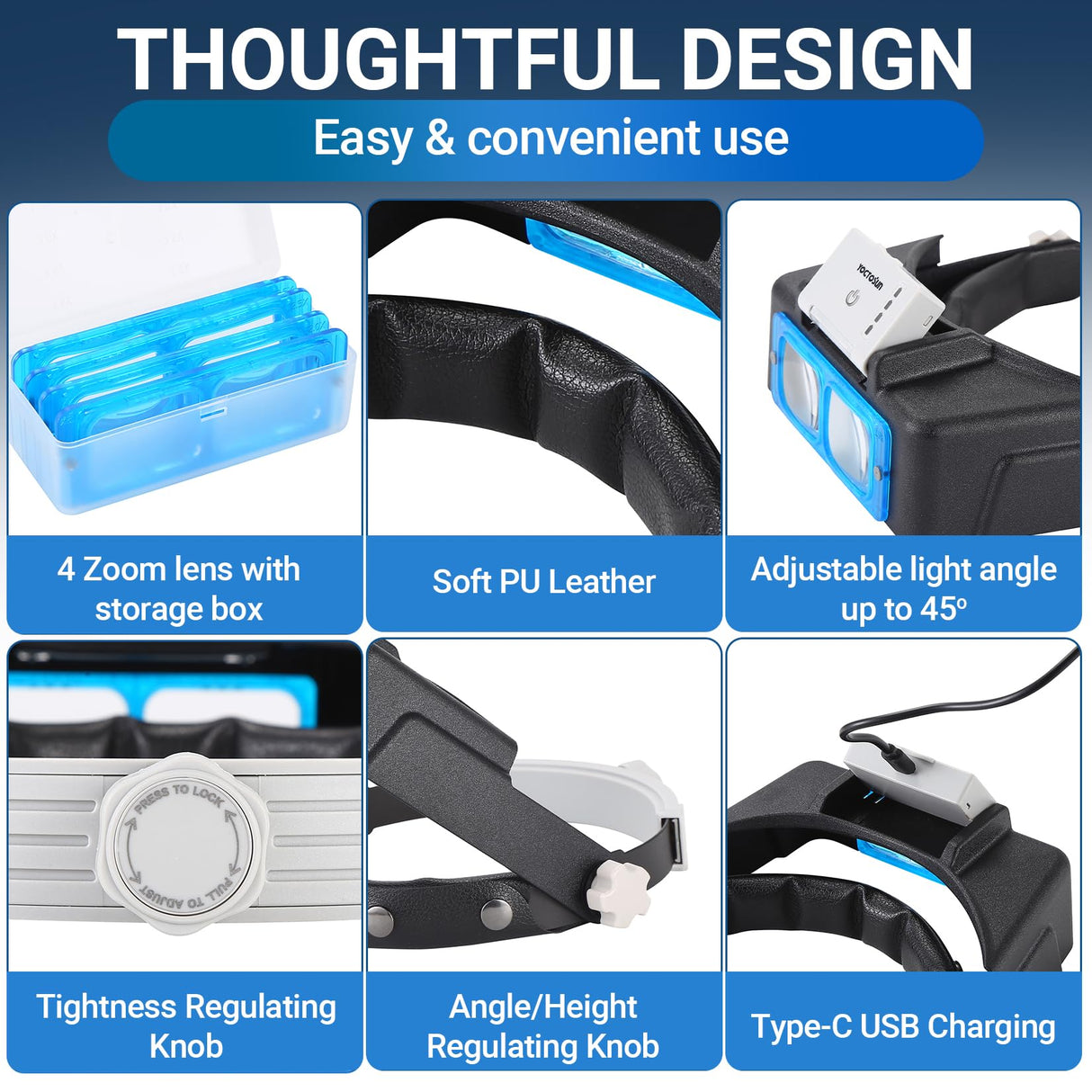 YOCTOSUN Headband Magnifying Glass with Light, Rechargeable Magnifying Glasses for Close Work, 1.5X-3.5X Head Magnifier with 4 Lenses, Hands Free Magnifier Glass Visor for Jewelers, Crafts, Hobby