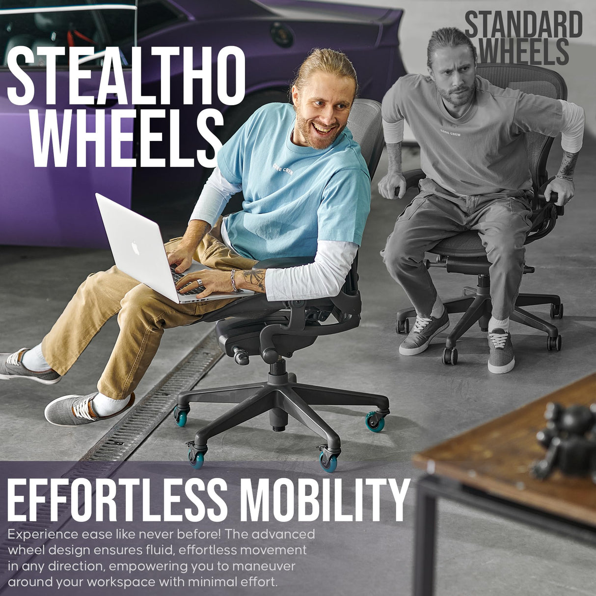 Stealtho Locking Caster Wheels Set of 5 - Heavy Duty Office Chair Casters with Brakes 2 - Replacement Industrial Wheels for Furniture, Cart - Rollerblade Style Navy