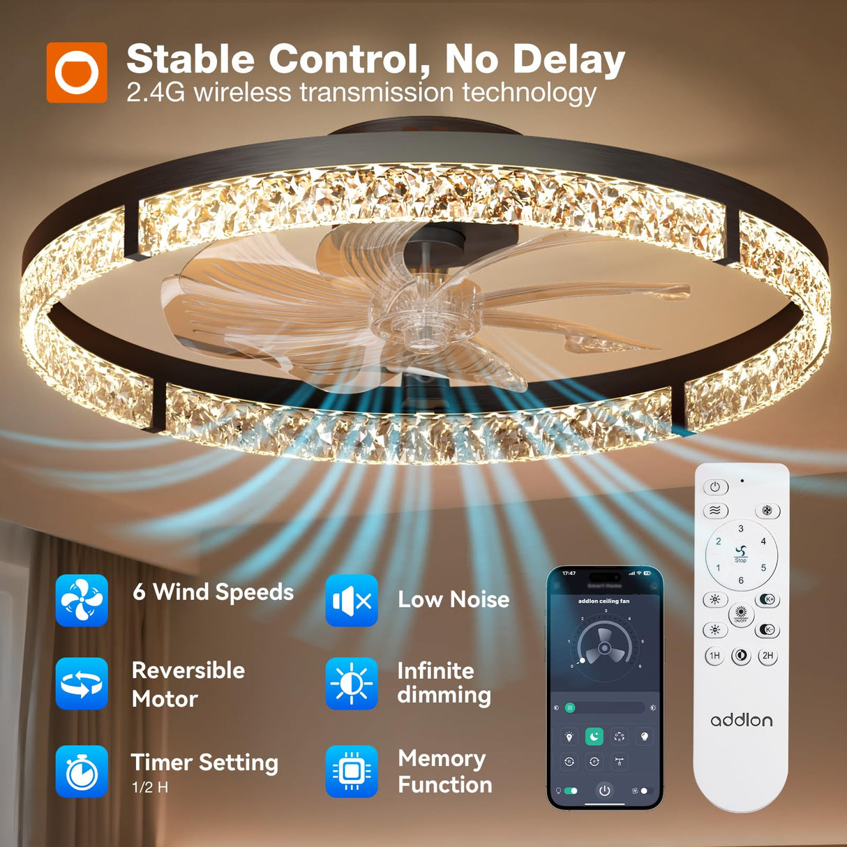 addlon Ceiling Fans with Lights and Remote, 24'' Low Profile Flush Mount Ceiling Fan, 3000–6000K Dimmable LED Fandelier, Bladeless Crystal Fan Light for Bedroom, Kitchen, Living Room, Black