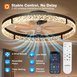 addlon Ceiling Fans with Lights and Remote, 24'' Low Profile Flush Mount Ceiling Fan, 3000–6000K Dimmable LED Fandelier, Bladeless Crystal Fan Light for Bedroom, Kitchen, Living Room, Black