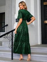 Amegoya Velvet Dress for Women Formal Winter Wedding Guest Dress Short Sleeve V Neck Semi Formal Party Christmas Dresses（Emerald Green L）