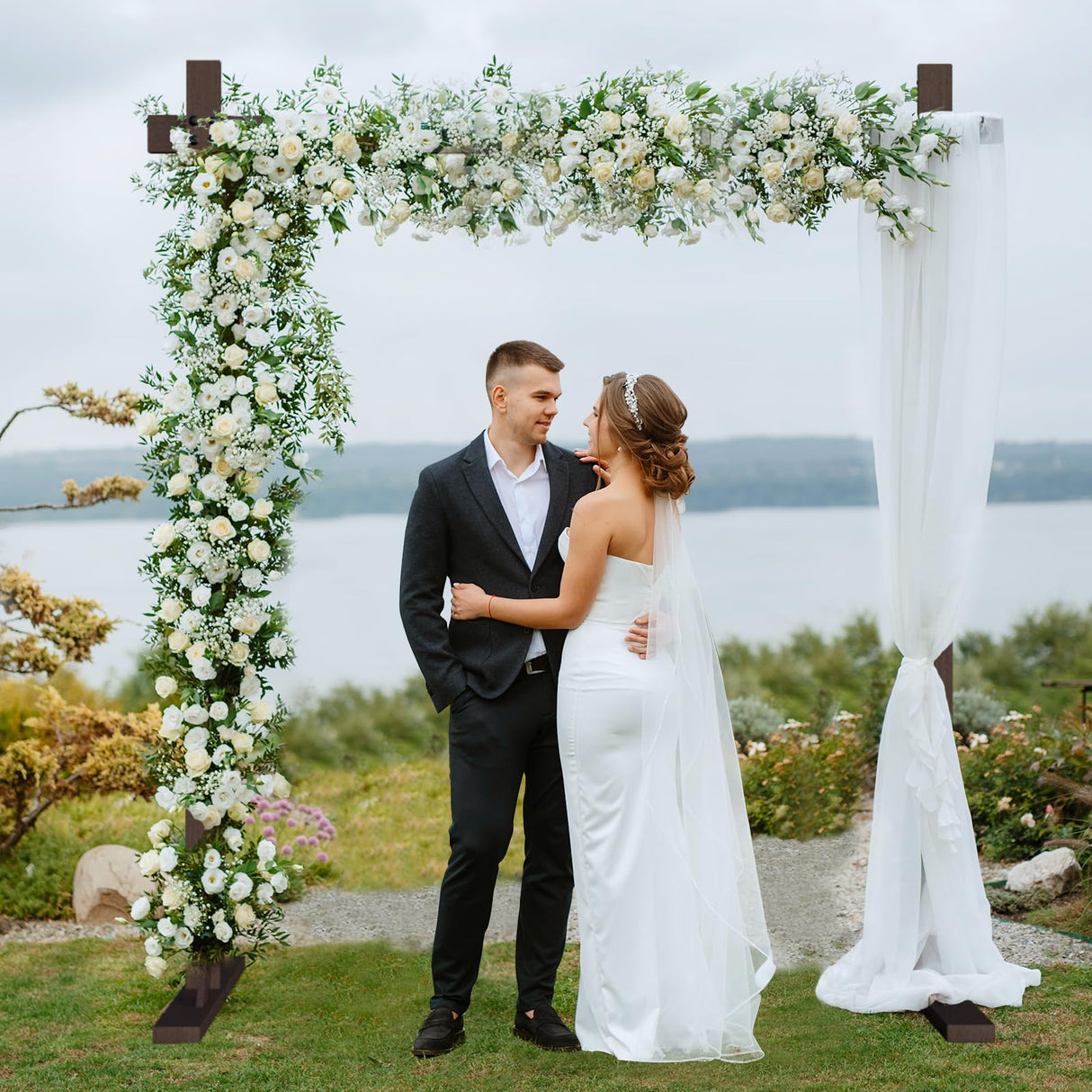 Chamvis 7.48FT Wooden Wedding Arch Frame, Wood Square Arch Backdrop Stand Wedding Arbor for Ceremony and Outdoor Lawn Decorations