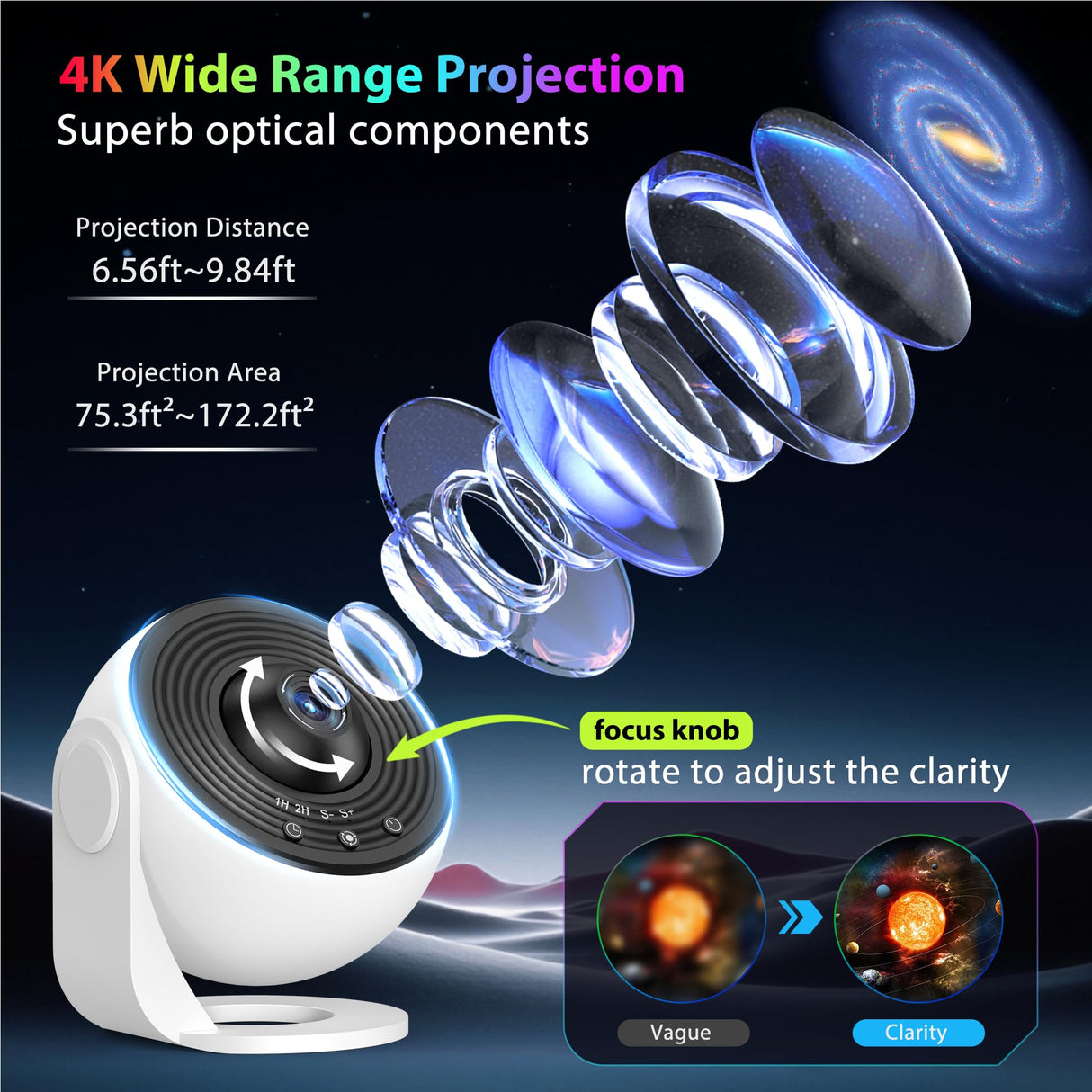 Galaxy Projector for Bedroom, HD Image Star Projector Galaxy Light Adjustable Knob, 13 Film Discs Planetarium Projector for Kids, 360° Rotating 1/2h Timer Simple 3-Button Control Black&White