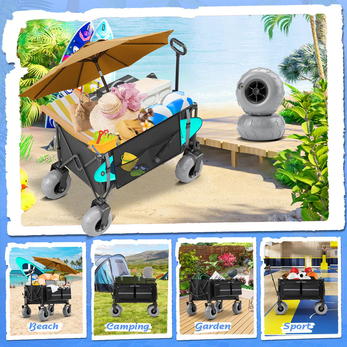 Beach Wagon with Big Wheels for Sand with 9" All Terrain Inflatable Tires