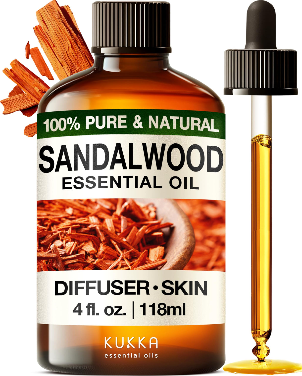 Kukka Sandalwood Essential Oil for Diffuser & Skin - 4 Fl Oz - 100% Pure Natural Sandalwood Oil, Woody Scent, for Massage, Perfume, Hair, Aromatherapy, Candle & Soap Making Scent DIY