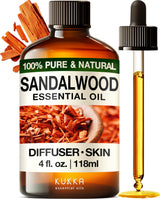 Kukka Sandalwood Essential Oil for Diffuser & Skin - 4 Fl Oz - 100% Pure Natural Sandalwood Oil, Woody Scent, for Massage, Perfume, Hair, Aromatherapy, Candle & Soap Making Scent DIY