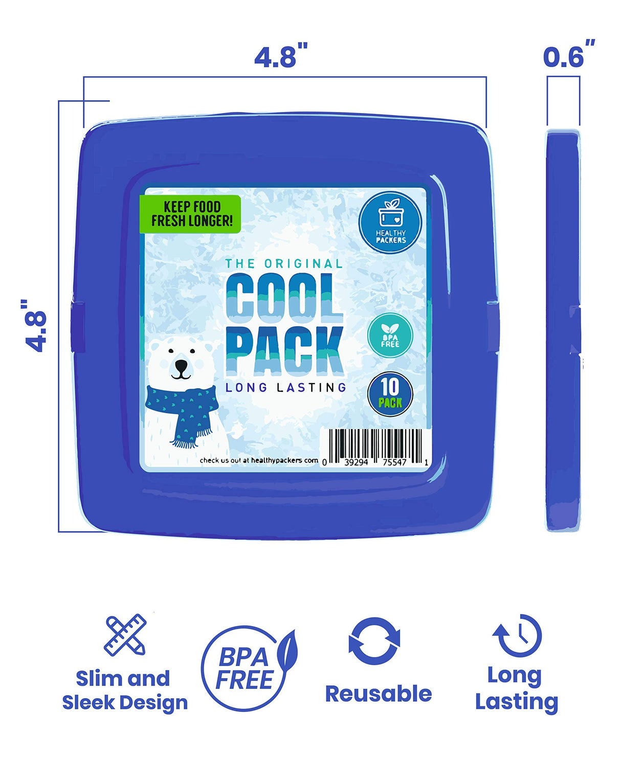 Healthy Packers® Reusable Ice Packs for Lunch Boxes Kids and Adults | Long‑Lasting Thin Freezer Packs for Coolers, Bento Boxes, Lunch Bags, Travel, School Meals, Meal Prep (10-Pack | Square)