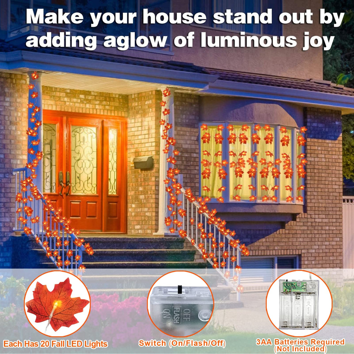 TURNMEON 6 Pack Fall Decor Enlarged Maples Leafed Garland, 60Ft 120LED Halloween Fall Decorations for Home Fall Lights Garland, Battery Operated Waterproof Thanksgiving Decor Indoor Outdoor Christmas