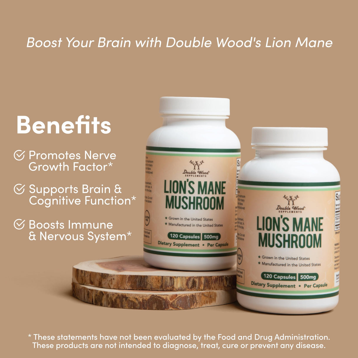 Lions Mane Supplement Mushroom Capsules (Two Month Supply - 120 Count) Lions Mane Mushroom for Brain Support and Immune Health (Third Party Tested, Grown and Encapsulated in The USA) by Double Wood