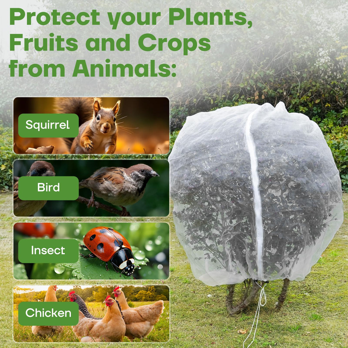 8FT x 8FT Fruit Tree Netting with Zipper and Drawcord, 2Pcs Garden Plant Net Pest Barrier Bag, Insect Bird Mesh Netting Cover for Protect Vegetables Flower Blueberry