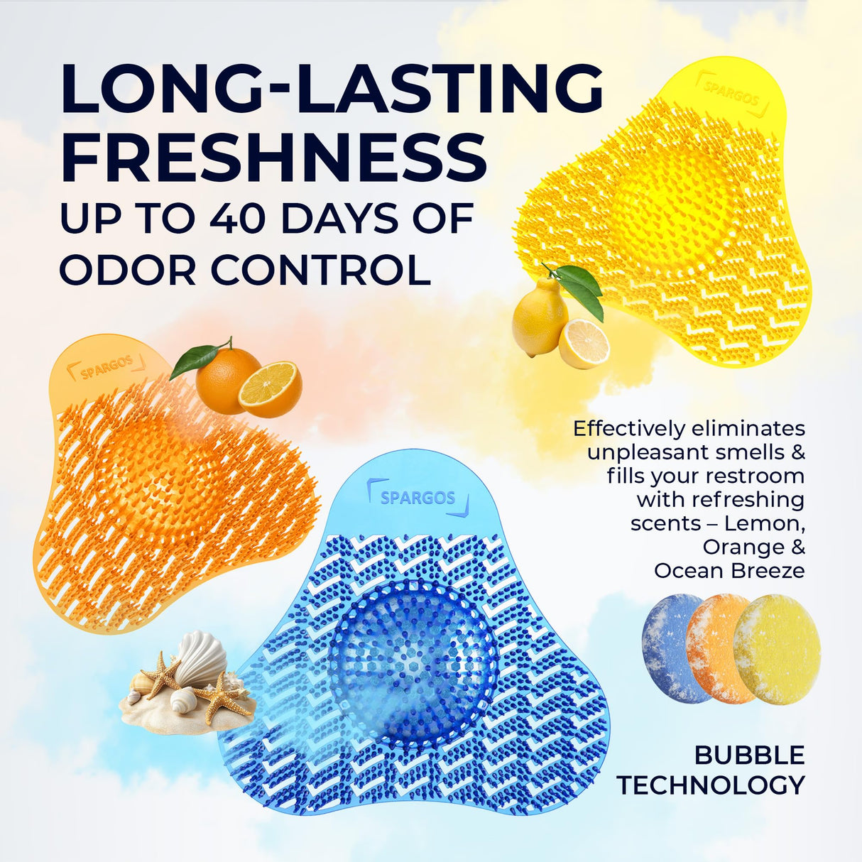 Urinal Screen Deodorizer 24 Pack - Urinal Cakes Fresh 3D Wave Anti-Splash Odor Protection Mats for Toilets in Bathroom Office Stadiums Schools - Includes Free Gloves, 8pcs Blue, Yellow, Orange